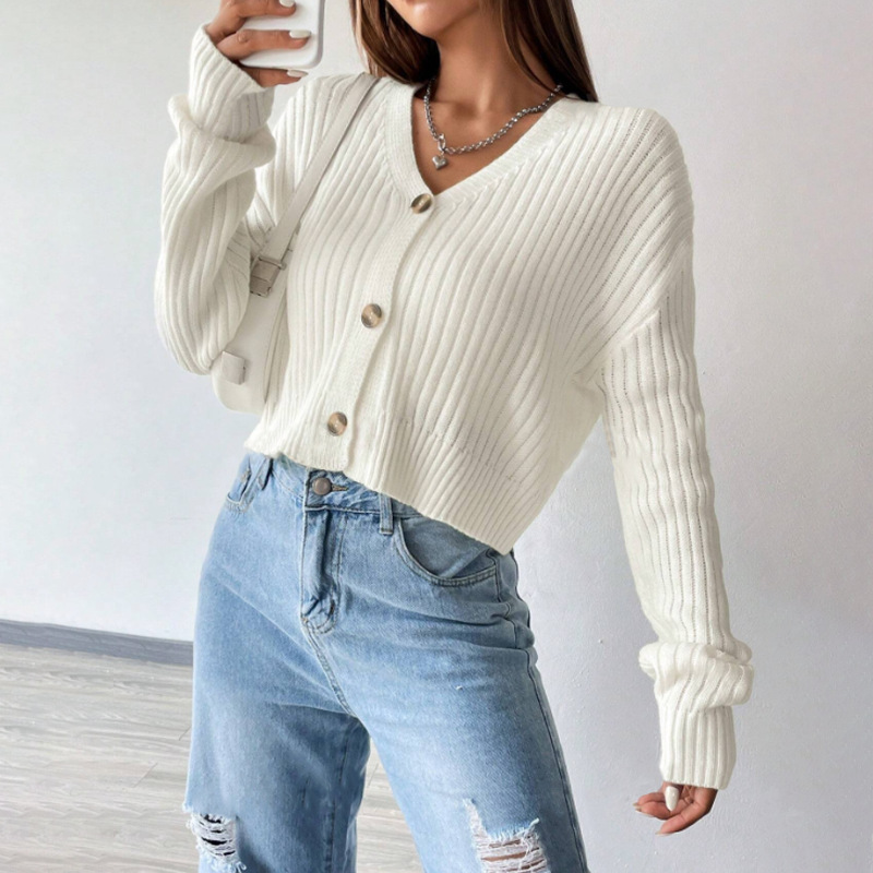 Amazon Grenzüberschreitender V-Ausschnitt Damenpullover, Herbst-Winter, lockerer Langarm-Strickmantel, einfarbig, mit Knopfleiste, lässige Strickjacke