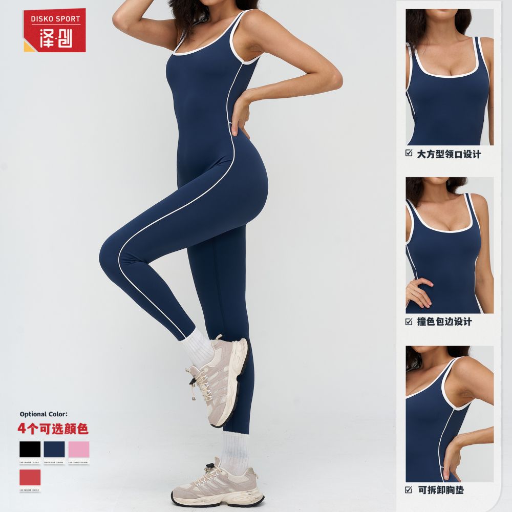 Sınır ötesi çıplak his yoga tulum, kontrast renk kenar detaylı geniş yaka spor kıyafeti, koşu egzersiz tulumu kadın 9528