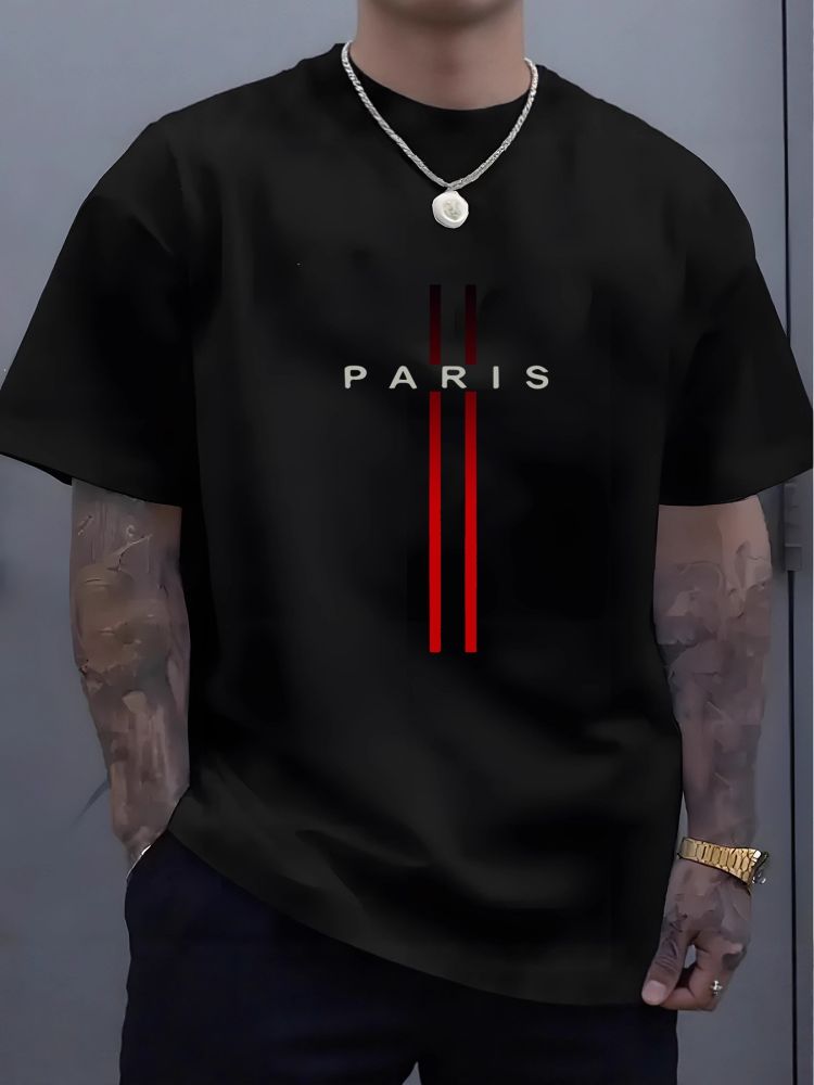 Men's 100% Cotton Loose Fit Paris Letter Print Short Sleeve T-Shirt