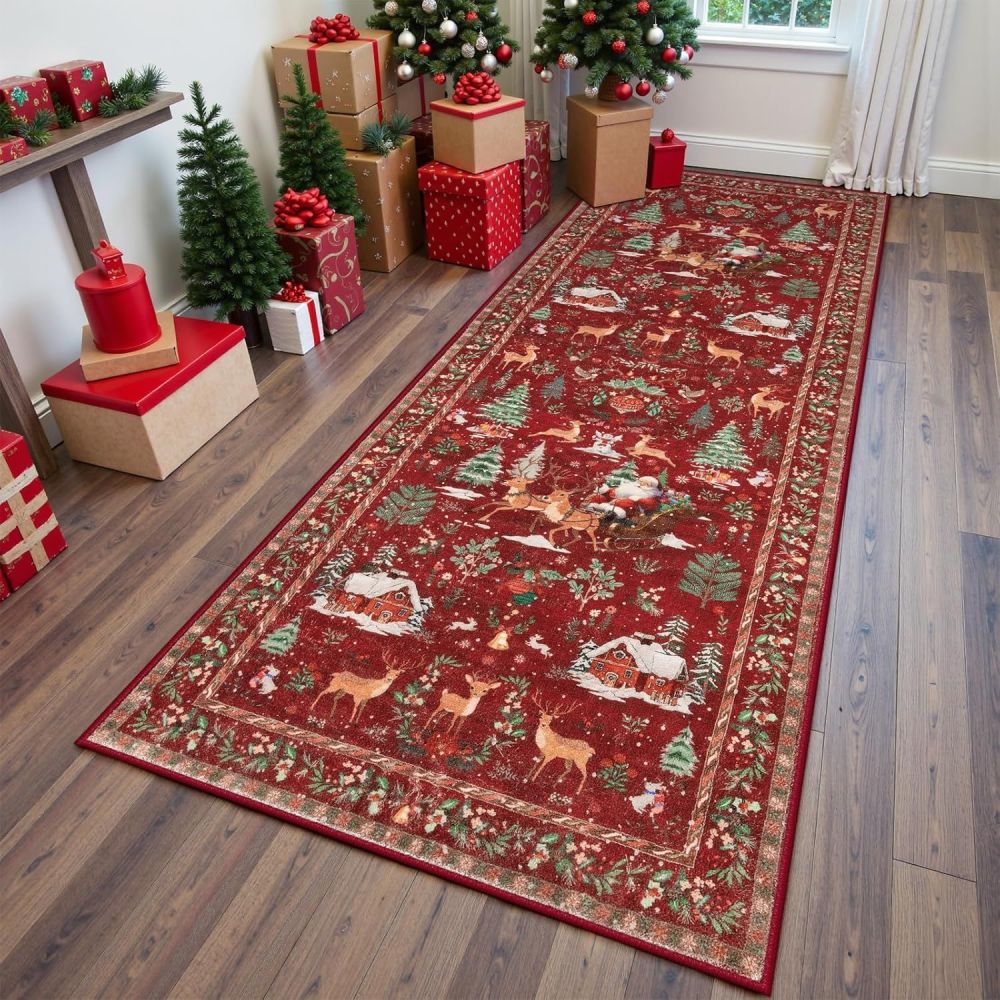 Weihnachts-Langflor-Läufer aus Kristallsamt, schmutzabweisend und strapazierfähig
