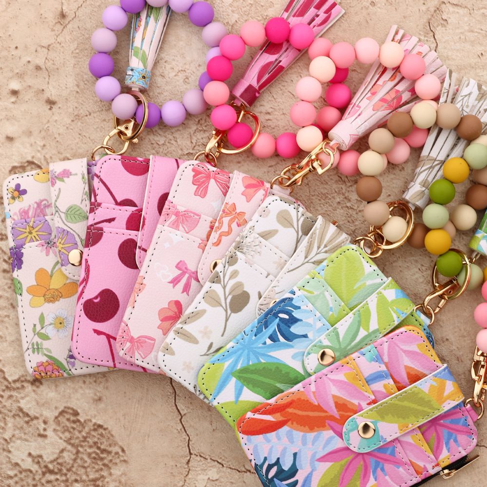 Floral PU Leather Women's Card Holder Wallet with Silicone Bead Bracelet