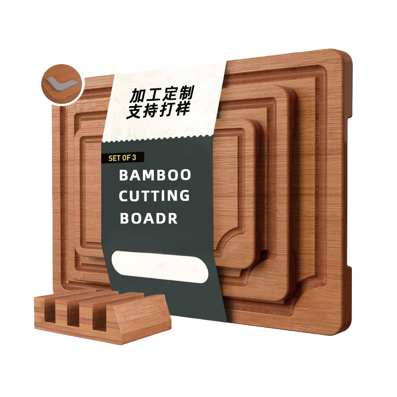 Carbonized Bamboo Cutting Board 3-Piece Set with Non-Slip Mat and Stand