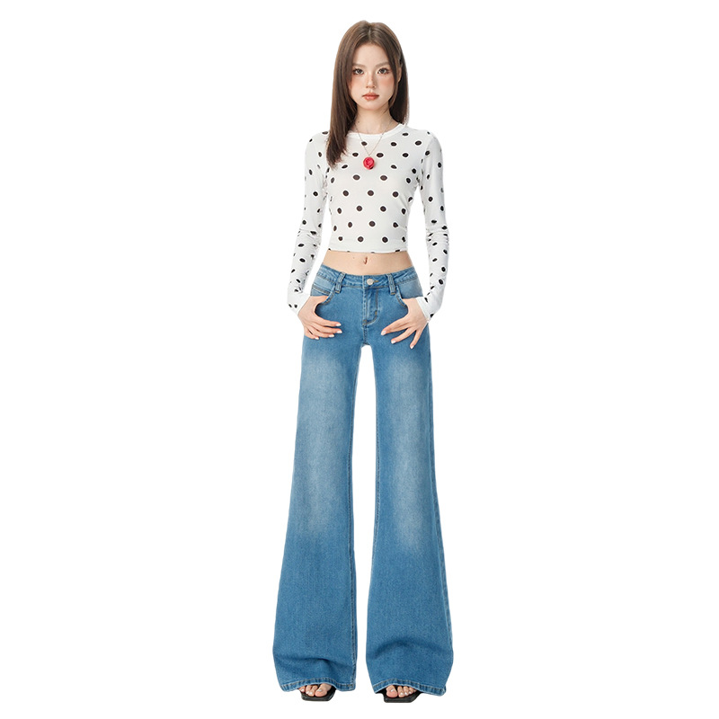 Fleece-lined white low-rise round-pocket design flared jeans for women, new spring/summer style, slim fit, stretch, straight-leg flare pants