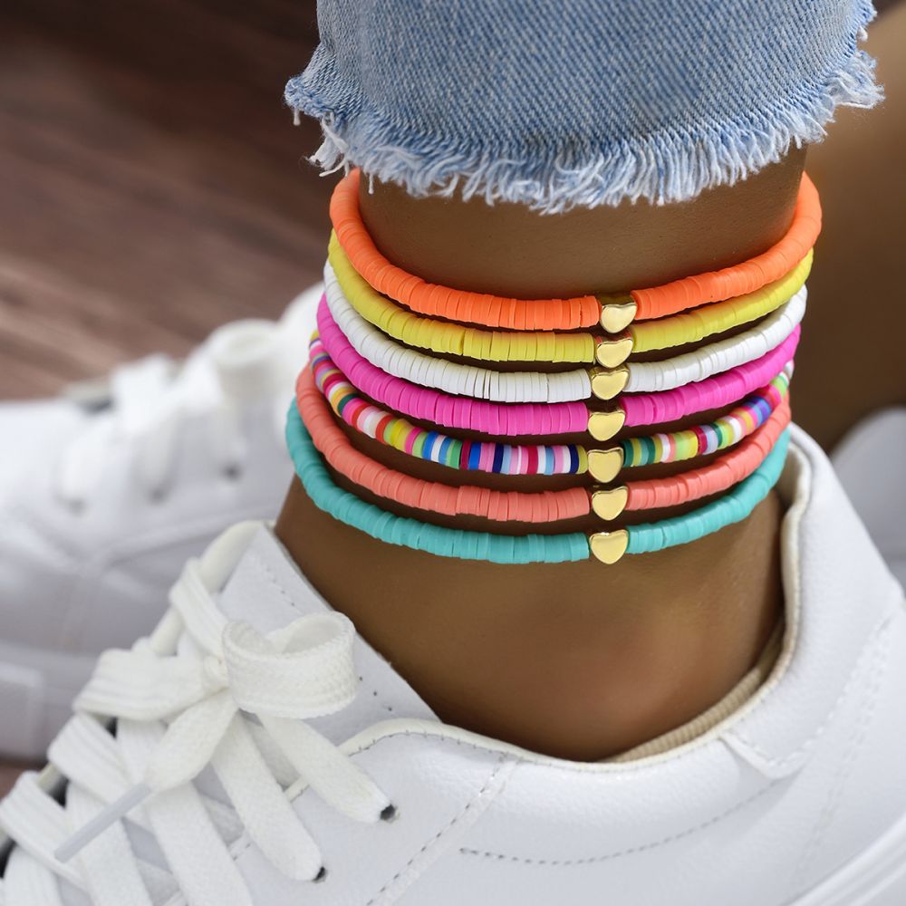 Europe and America Cross-Border Fashion Versatile Mixed-Color Peach Heart Soft Clay Elastic Anklet Simple Multi-Layer Stackable Shoe and Boot Accessories for Men and Women