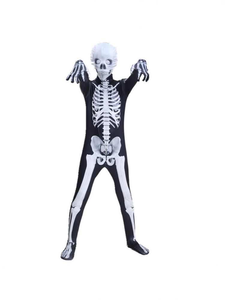 Halloween Children Skeleton Hooded Bodysuit Skeleton Costume Dress-Up Ball Party Performance Costume Cross-Border Halloween