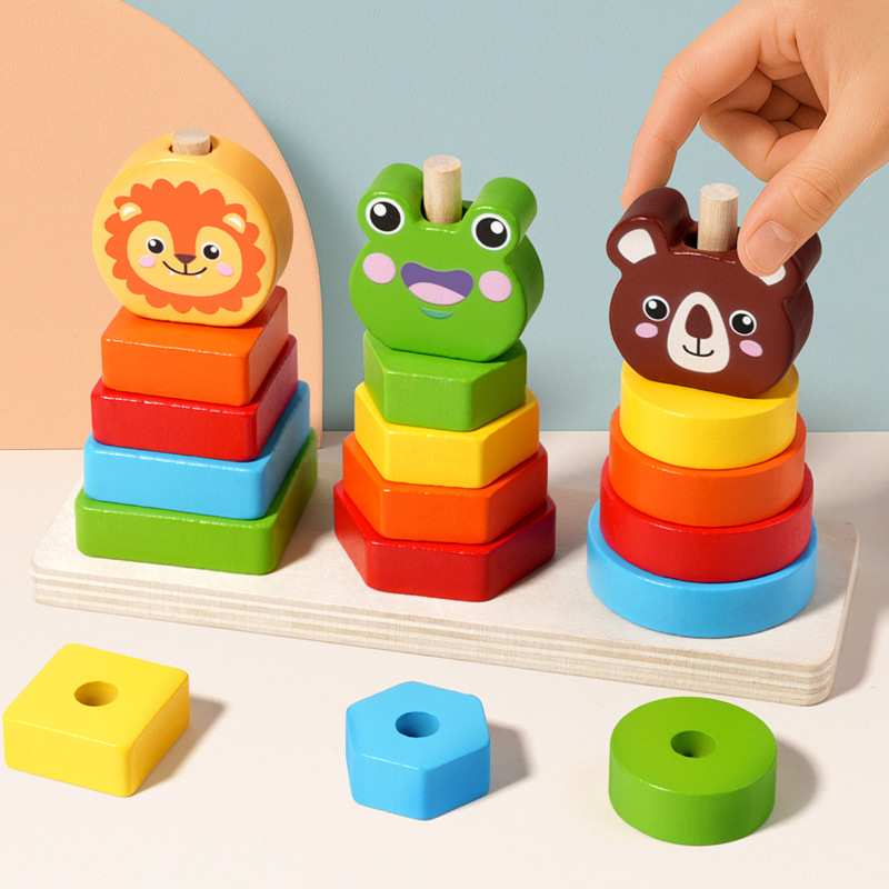 Çocuklar İçin Ahşap Hayvan Şekilli İç İçe Geçen Renk ve Şekil Eğitici Oyuncak