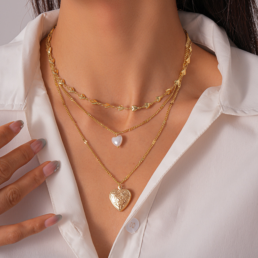 İnci kalp kolye, üç katmanlı, titanyum çelik, gümüş kaplama - 1