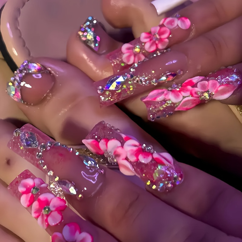 Flower Flash Long Almond Press-On Nails, Wearable Manicure