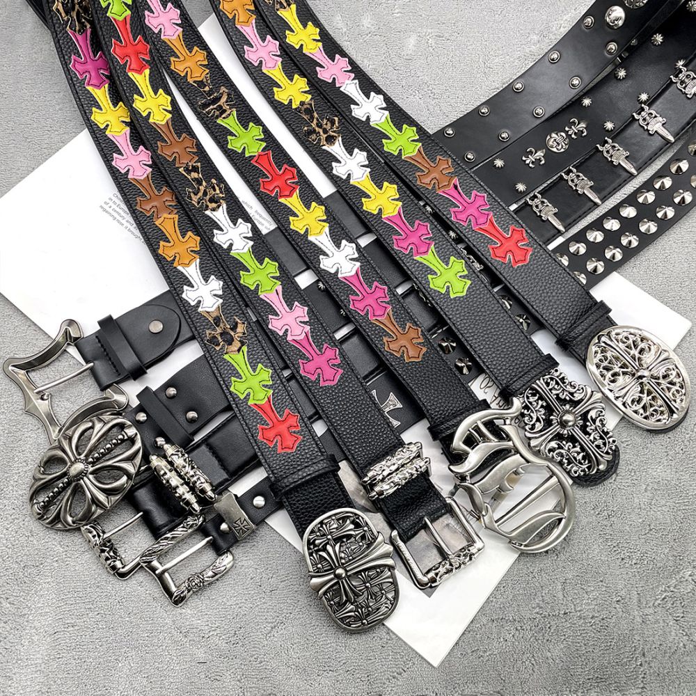 Chrome Hearts Sacred Sword Cross Belt for Men, Roller Hollow Design, Evergreen Style, Hanging Pattern Women's Belt, Celebrity Style, Perforated Heart Design.