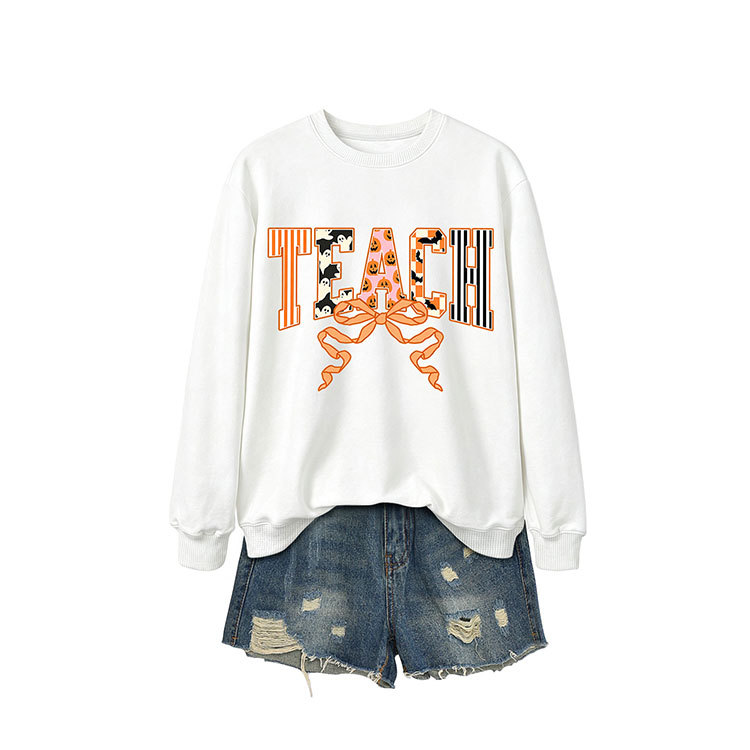 Amazon eBay Independent Station Casual Fashion Women's Teach Ghost Pumpkin Vertical Stripe Bow Sweatshirt Foreign Trade