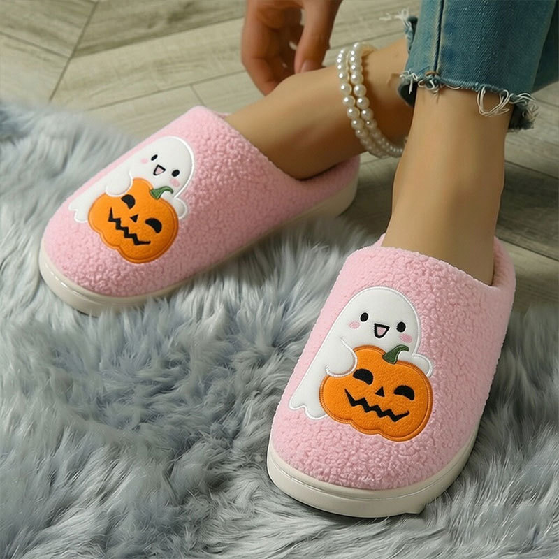 Halloween Pumpkin Cartoon Warm Winter Cotton Slippers, Unisex Couple Style