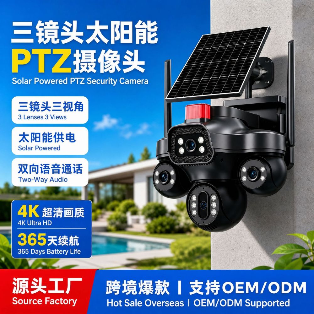 V380 solar-powered surveillance camera, triple lens, night vision