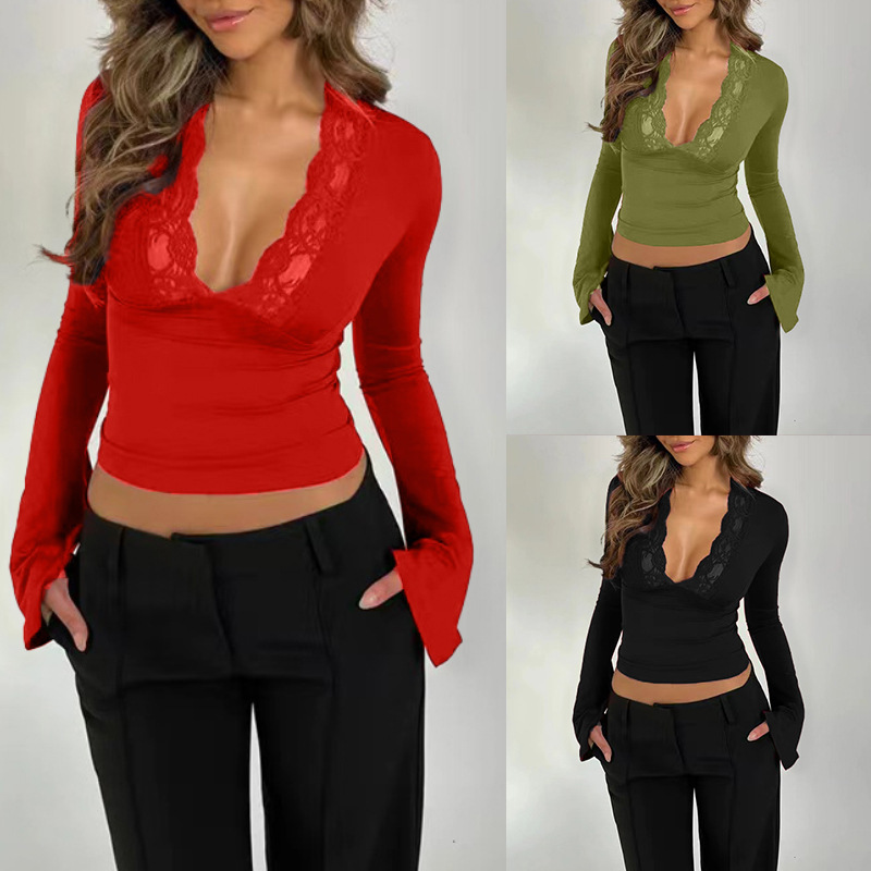 Women's Blouse, Lace Insert, Low Neckline, Flared Sleeves, Solid Color