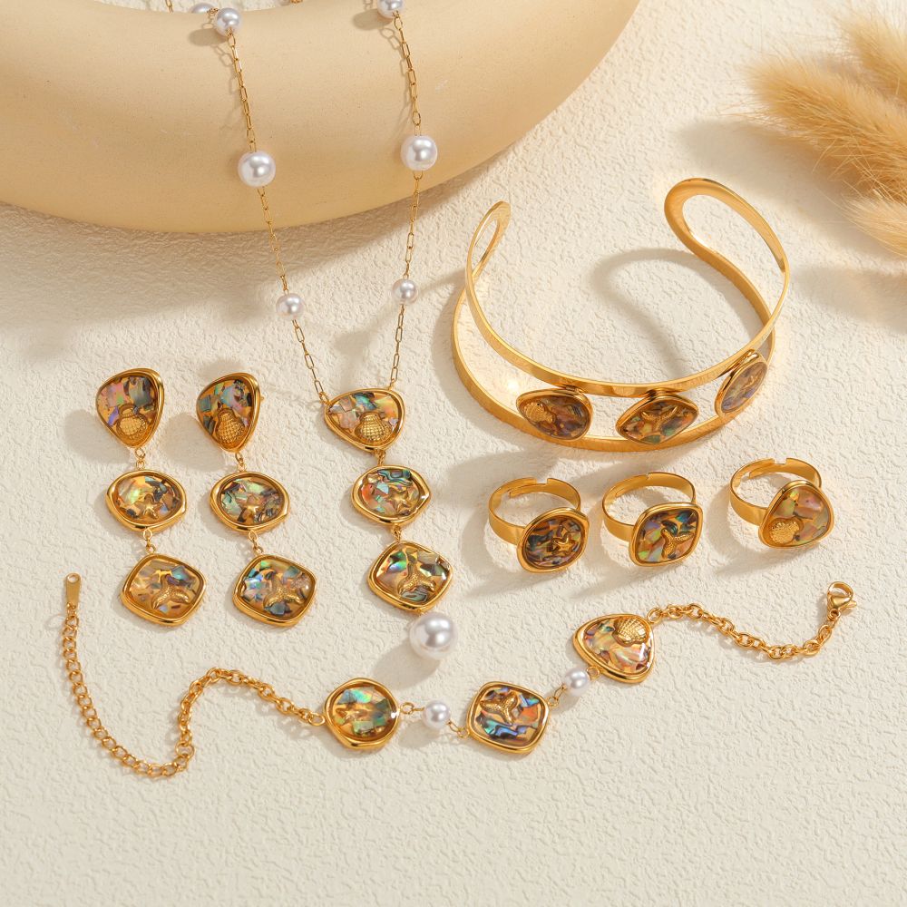 Geometrisches Abalone-Schmuckset mit 18K vergoldeter Titanstahl-Halskette