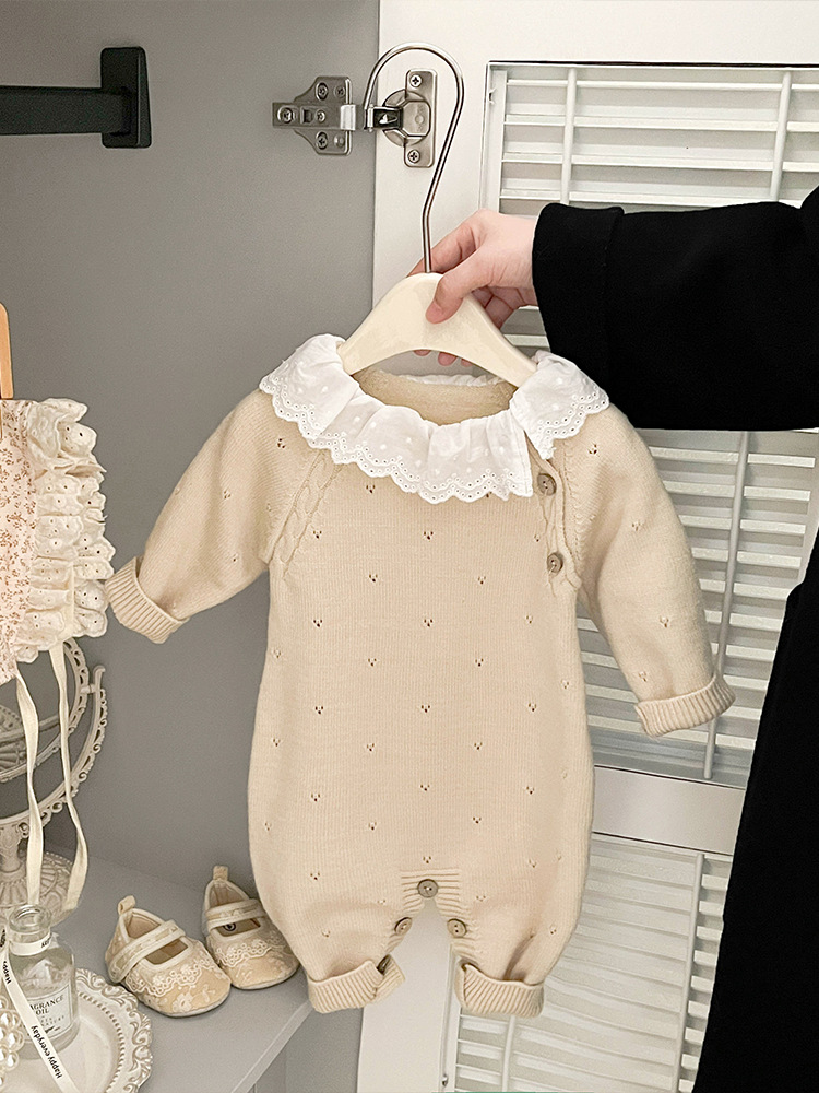 Kız Bebek Örgü Tulum Sonbahar Kış Nakışlı Uzun Kollu