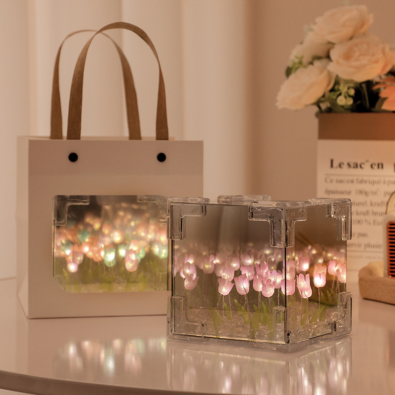 Handmade DIY Flower Cube Tulip Finished Product Night Light Creative Desktop Atmosphere Lamp Decoration Valentine's Day Gift