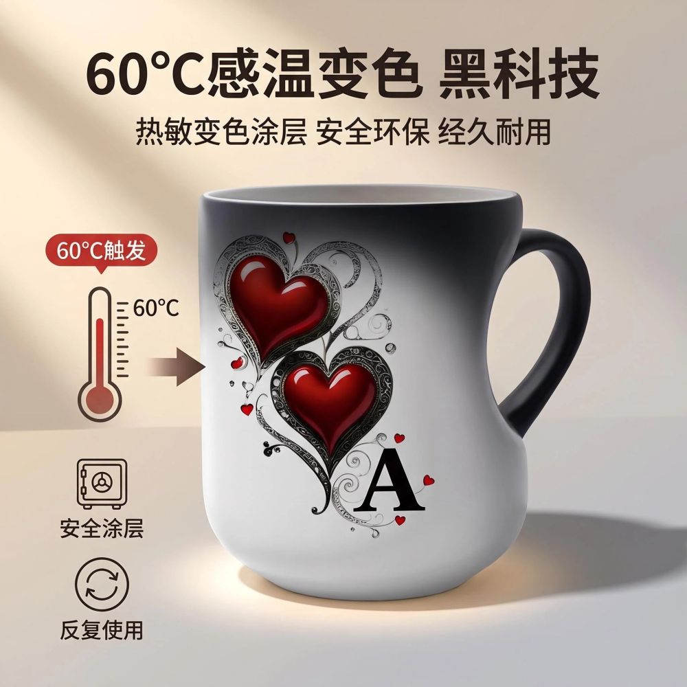 Cross-border Heart Black Color-Changing Ceramic Coffee Mug, Creative High-Value Gift Cup, Fun Household Water Cup