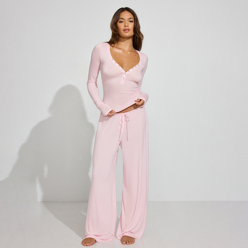 Women's Long Sleeve Snap Button Top and Drawstring Pants Set, Solid Color - 1
