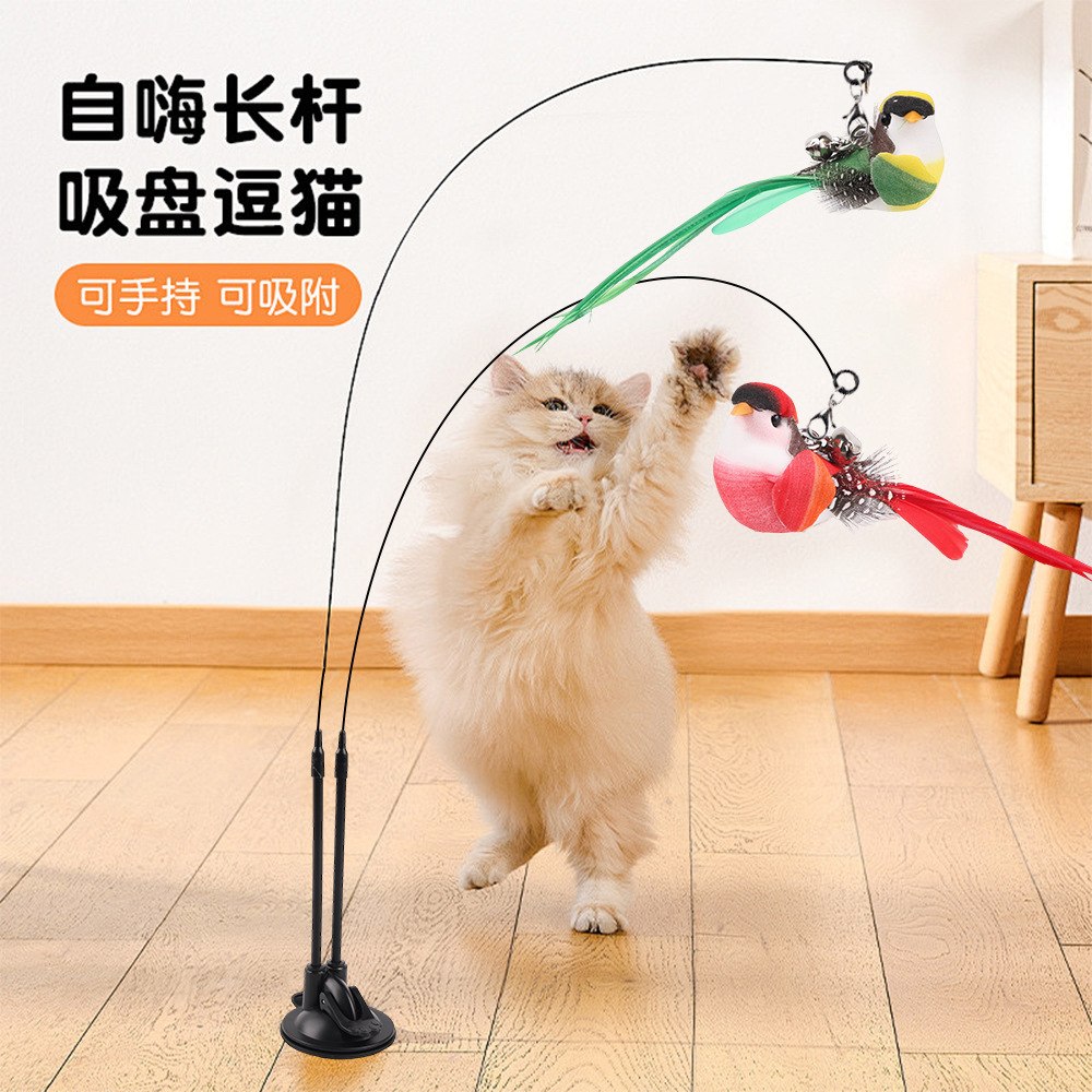 Suction Cup Cat Teaser Wand with Detachable Steel Wire Dual Heads and Replacement Head