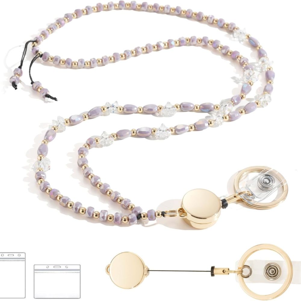 New Cross-Border Bestselling Colorful Crystal Beaded Lanyard Strap with Badge Holder ID Card Holder Stretchable Necklace LANYARD