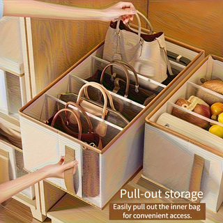Handbag storage box, open top, compartmented, dust-proof