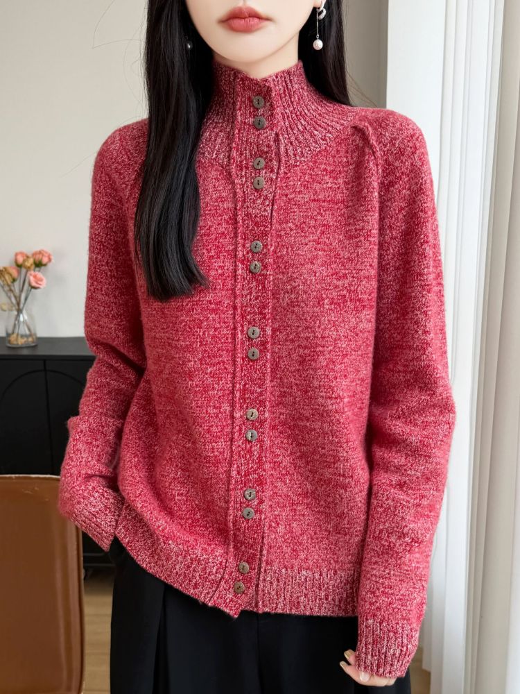 Damen-Strickjacke aus dickem reiner Wolle, neue Herbst-/Winterkollektion, sieben Nadeln, doppelfädig, Stehkragen, Langarm, Cardigan mit Blumenmuster, Strickmantel, Pullover