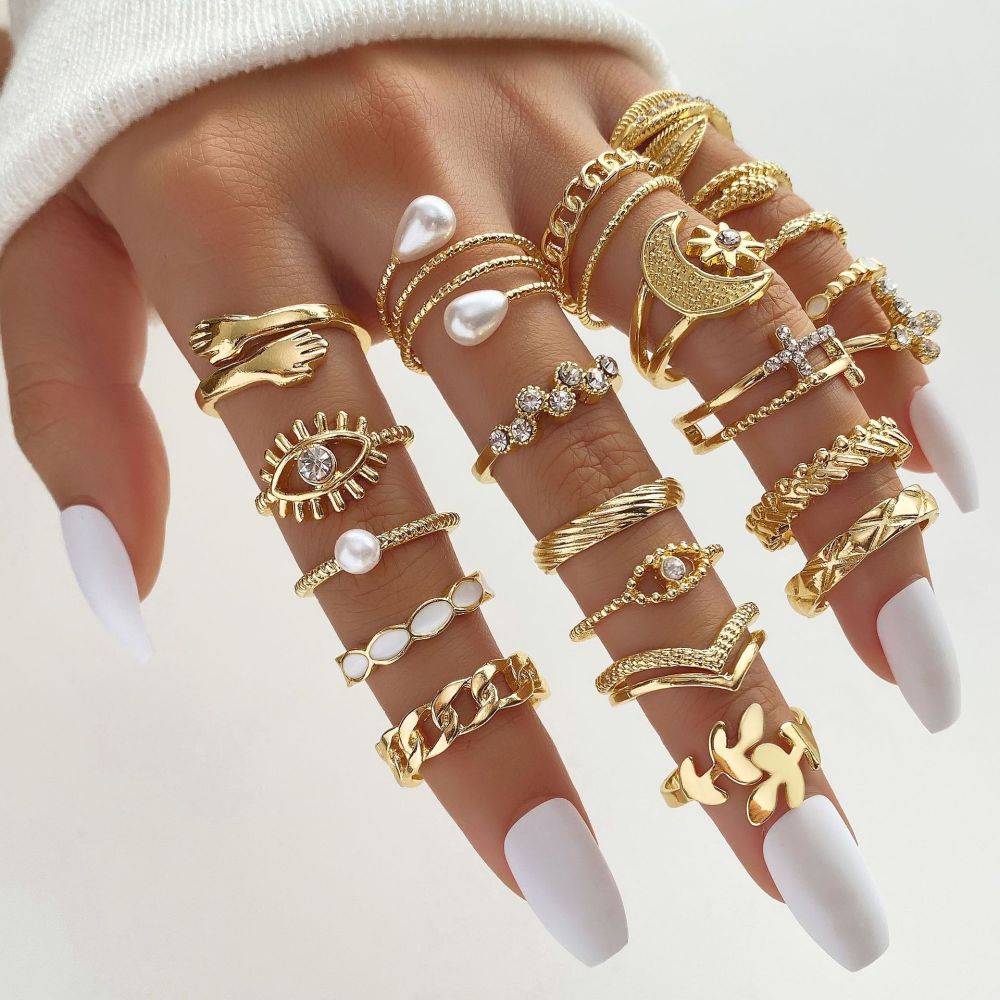 Cross-border bestselling diamond-studded cross leaf ring multi-jointed 23-piece set pearl sun and moon ring