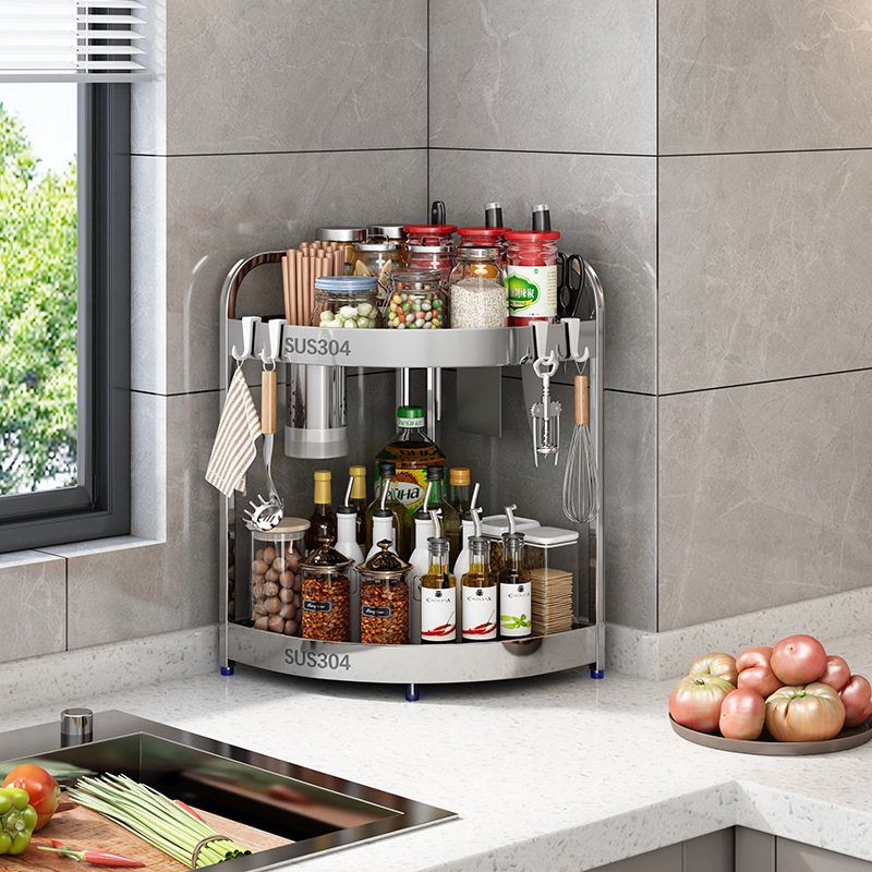 304 stainless steel kitchen shelf spice tripod spice rack countertop corner knife holder rod storage shelf - 4