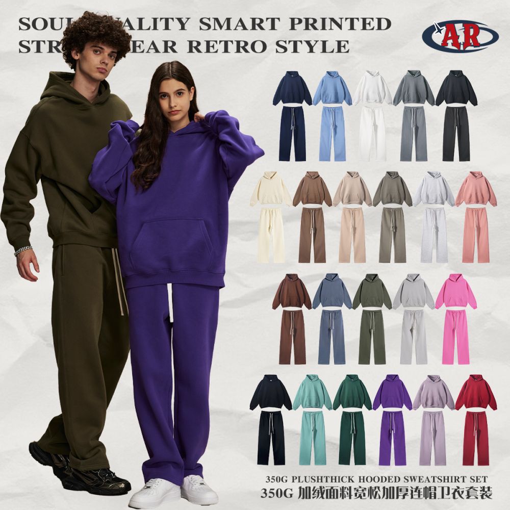 2026 fall and winter new oversized polar-lined trend brand men's sweatshirt, large size hooded trend brand men's sweatshirt and pants set