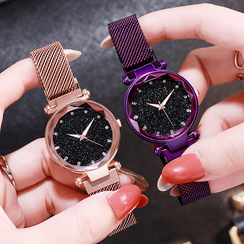 Starry Sky Diamond Patterned Women's Watch Fashion Round Dial Rose Gold Milan Magnetic Mesh Band Light Luxury Women's Watch Wholesale