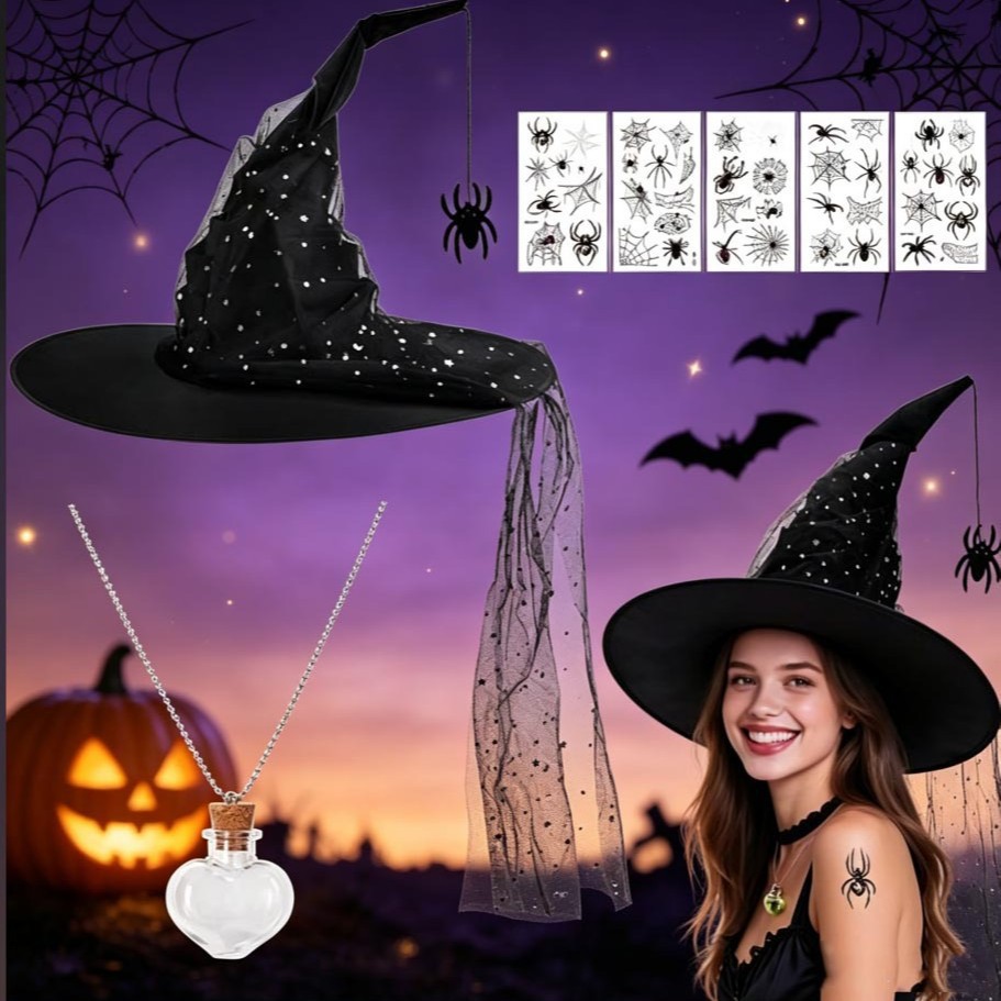 Halloween Black Pleated Mesh Witch Hat, Costume Accessory