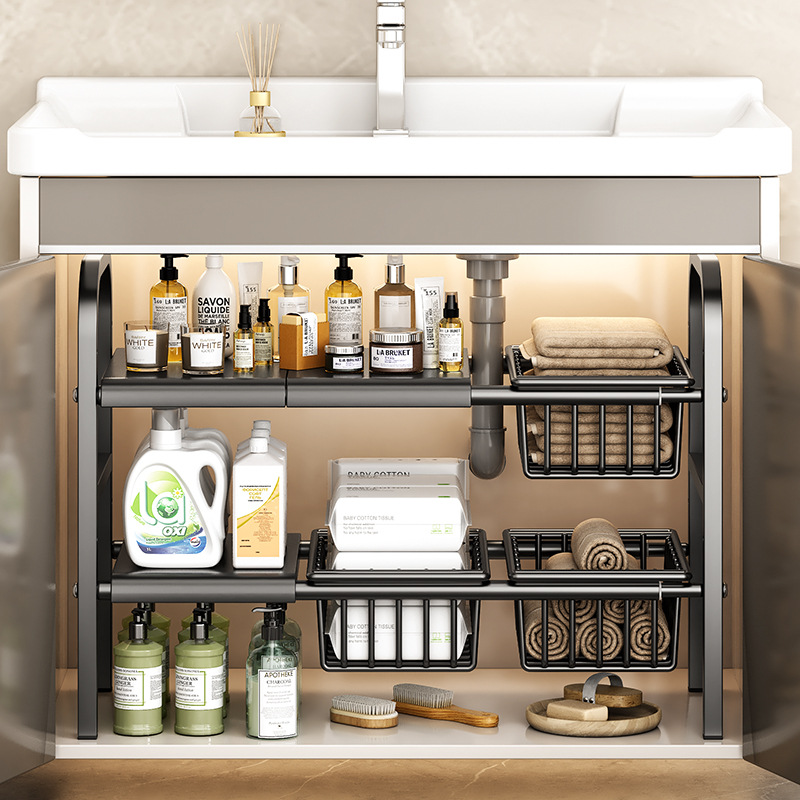 Ev tipi mutfak dolabı altı lavabo dolabı iç katmanlı saklama rafı çok fonksiyonlu geri çekilebilir saklama rafı - 1