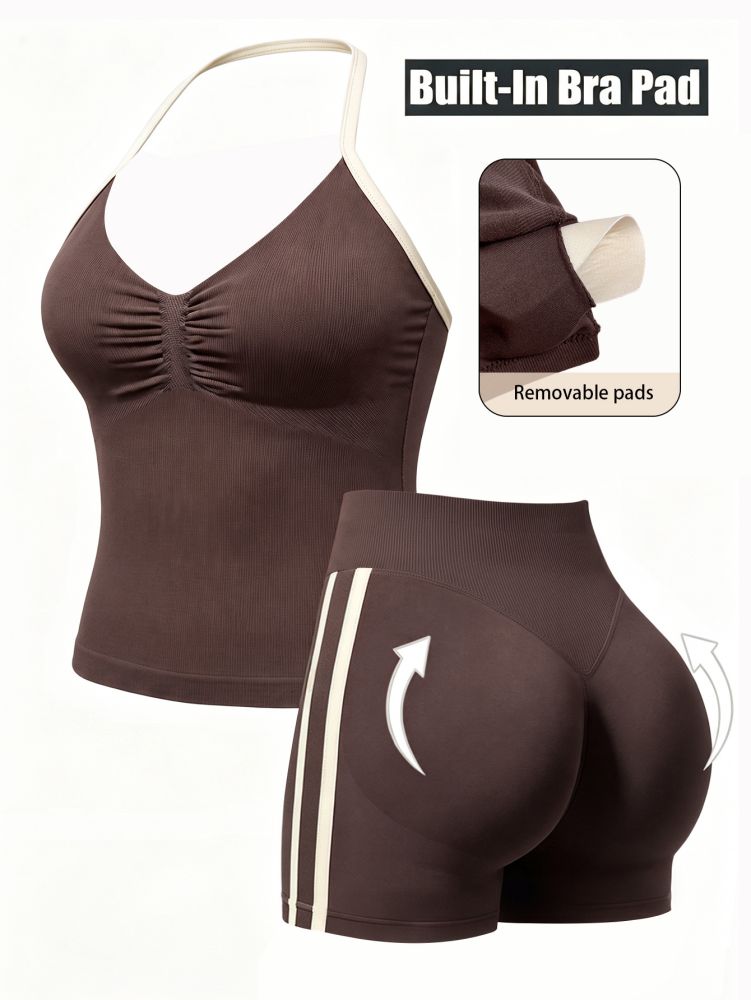 Color-Block Halter Neck Yoga Set with Chest Pads, Body-Shaping - 1