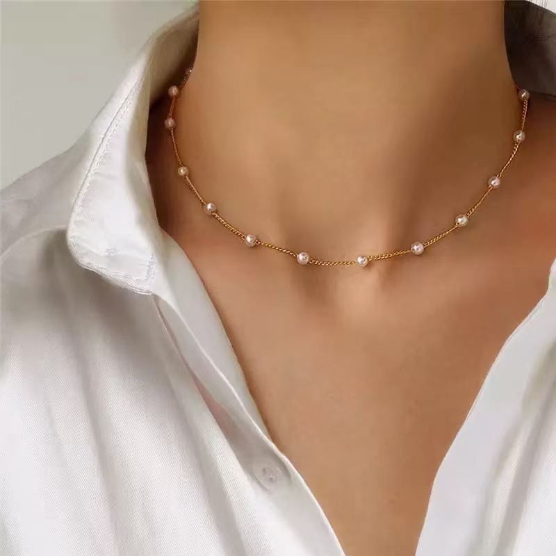 Amazon Cross-Border Neue Perlenkette Damen Dünne Kette Schlüsselbein Kette Französisch Retro Minimalistischer Schmuck Damen Großhandel
