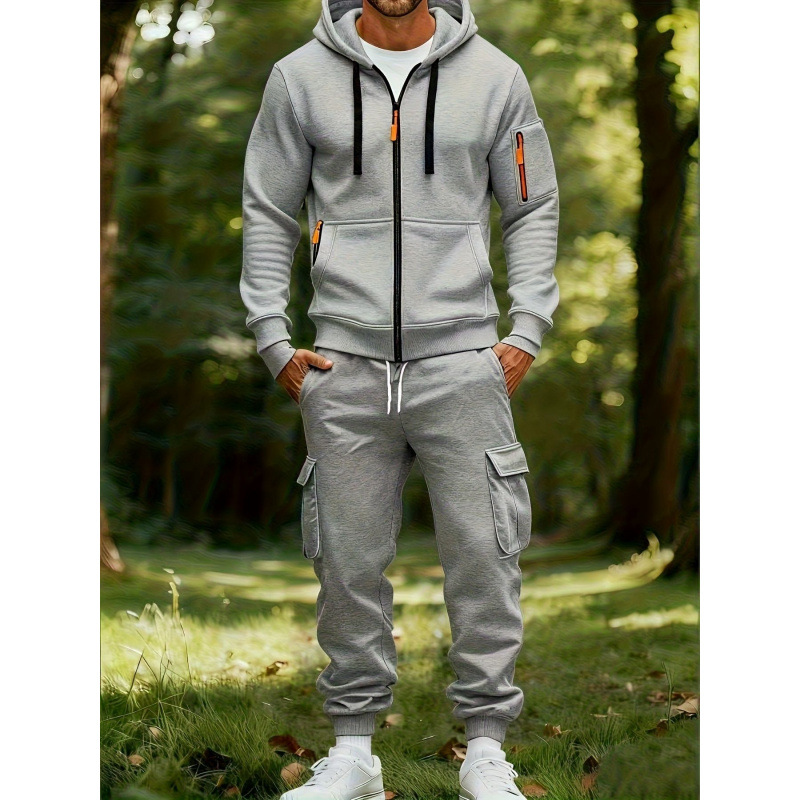 Cross-border New Style Workwear Hooded Sweatshirt Set for Men, Casual Versatile Sports Multi-Pocket Two-Piece Set with Drawstring Cuffs