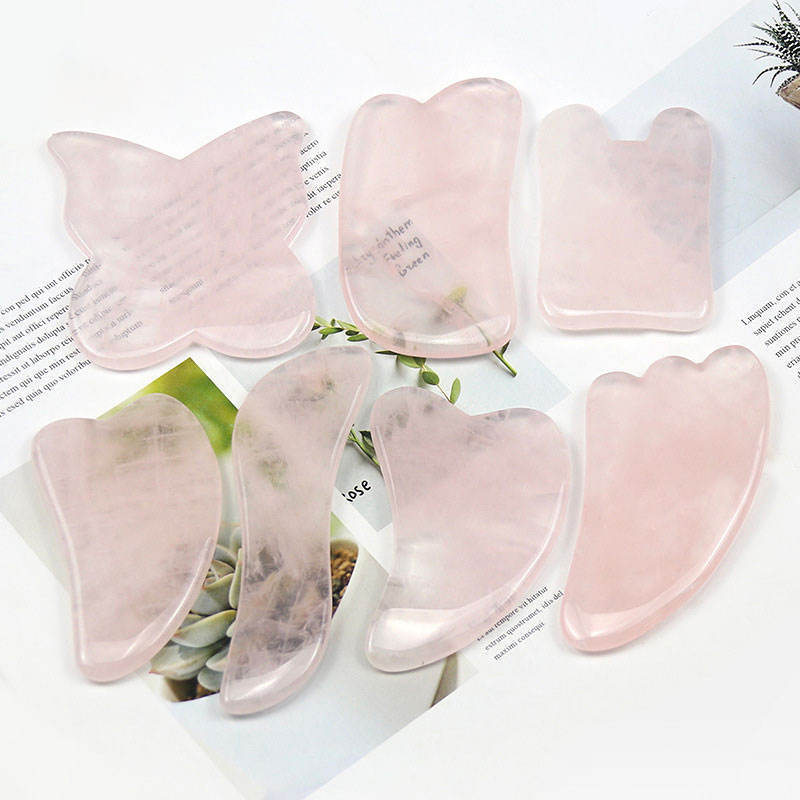 Pembe Kristal Gua Sha Taş, Pembe Kristal Yüz Masaj Rulo, Terasiş Masaj Taşı, Çiçek Taşı Kalp Şekli Jade Taş