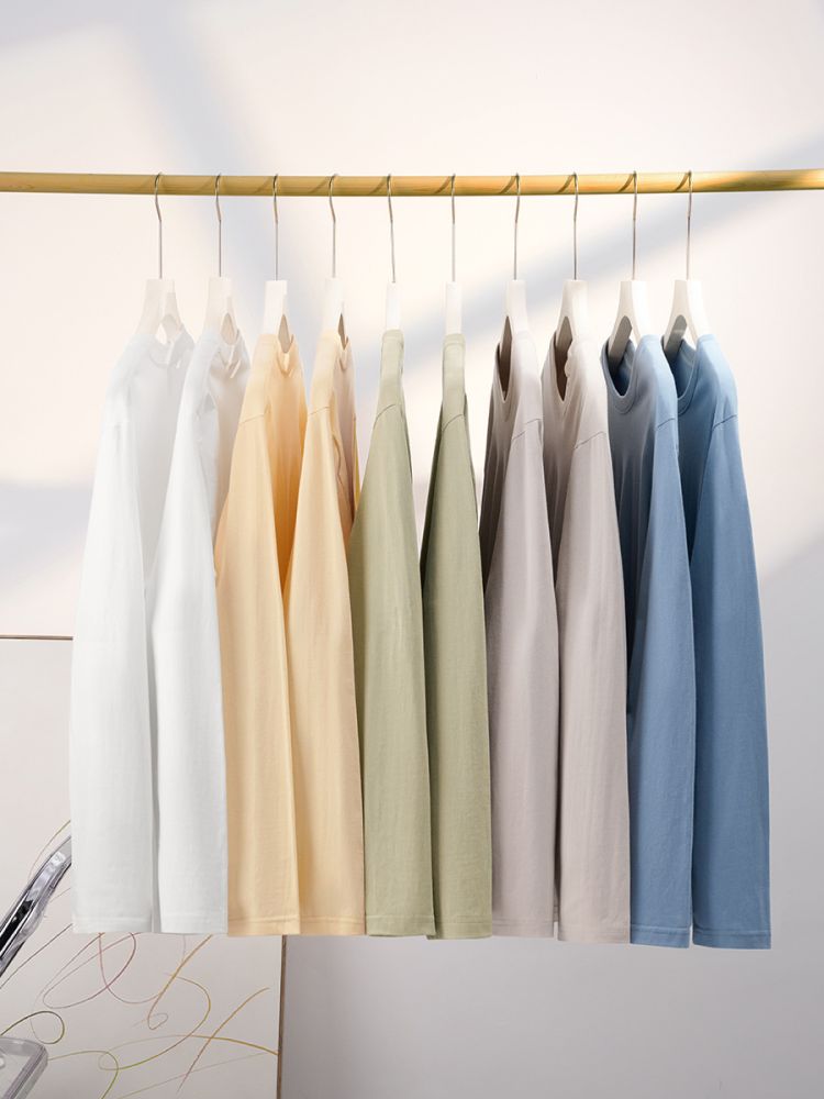 Women's 230g simple inner-lined shirt autumn long sleeve pure cotton right shoulder men's t-shirt round neck solid color double outfit wholesale
