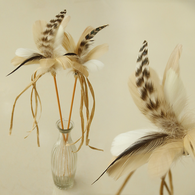 Natural Feather Cat Teaser Wand with Long Raffia Tassel Stick