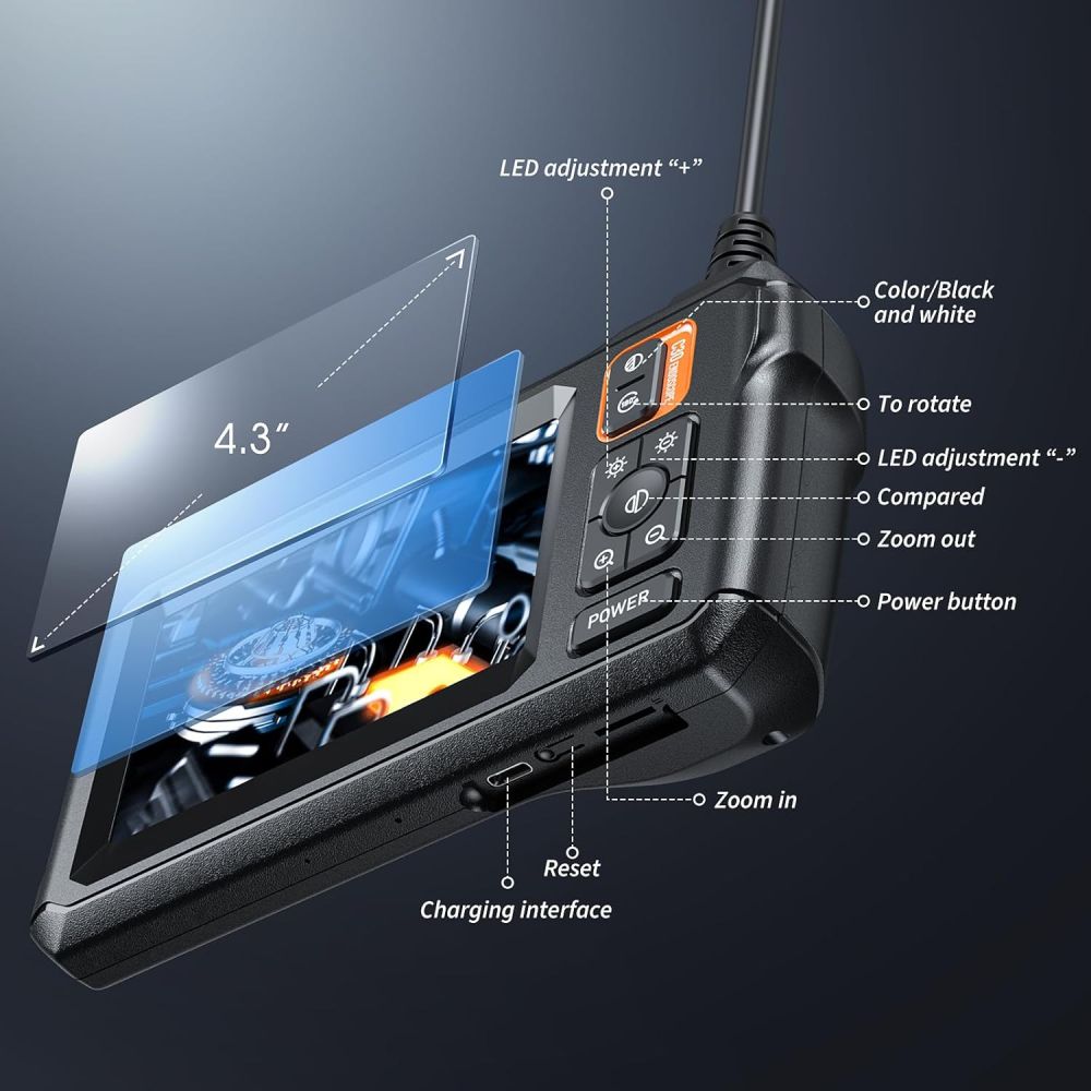4.3 inch Display Ultra HD Borescope Semi-rigid Cable with Light Industrial Pipe Automotive Inspection Camera