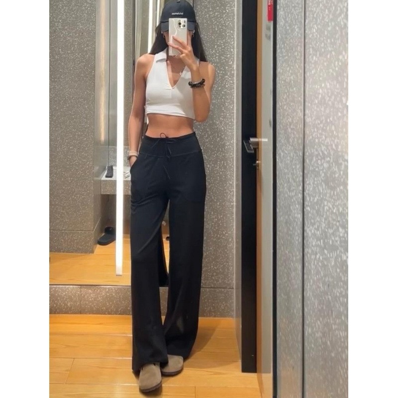 LULU Throwback Still kadın yüksek bel düz paça yoga pantolonu, büzgülü, kalça kaldırıcı - 1