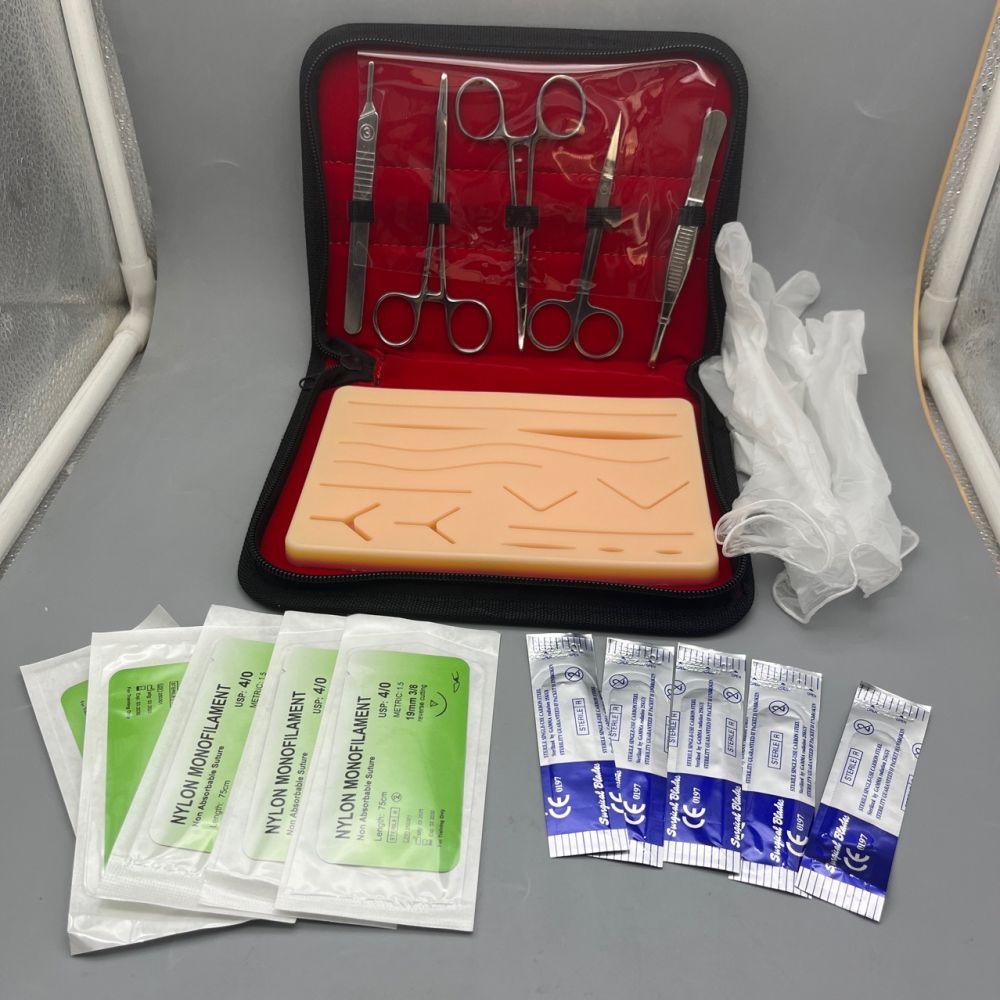 Oral-Nahtset-Übungsset, Instrumentenset, chirurgische Nahttrainingswerkzeuge und Materialien, Pinzetten, Scheren, Pinzetten, Nadeln und Fäden