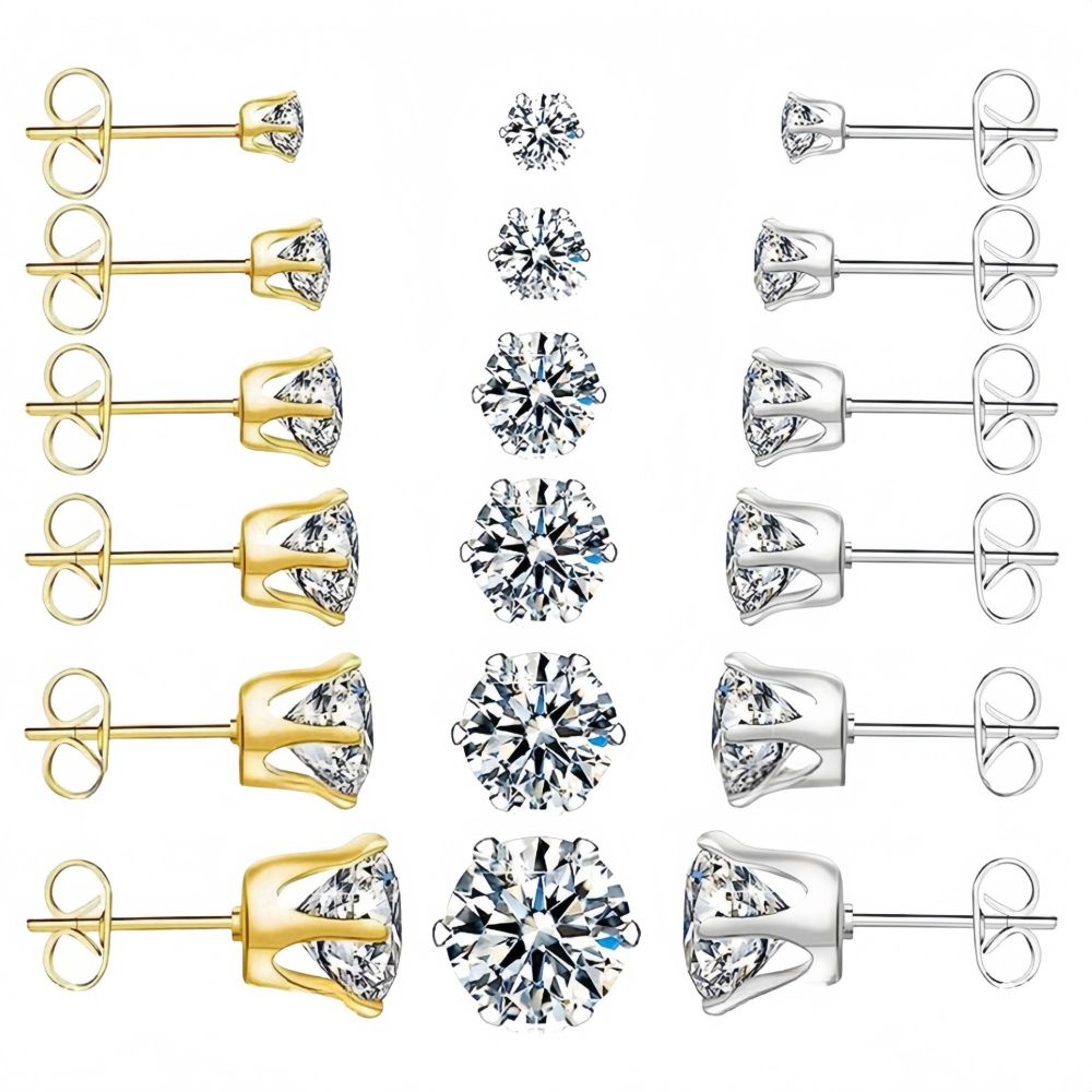Stainless Steel Stud Earrings, Six-Claw, Zirconia Crown
