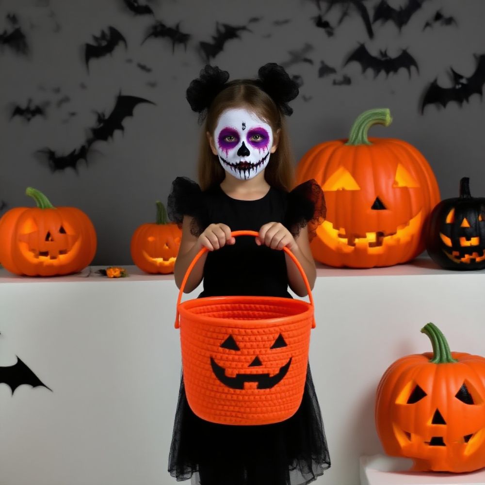 Children's Halloween Storage Basket with Cotton Rope Handle, Portable Toy Bin