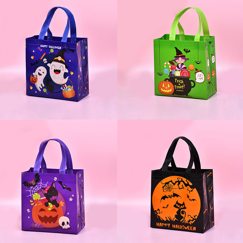 Halloween Non-Woven Shopping Bag, Pumpkin and Bat Design Kids Candy Gift Tote Bag