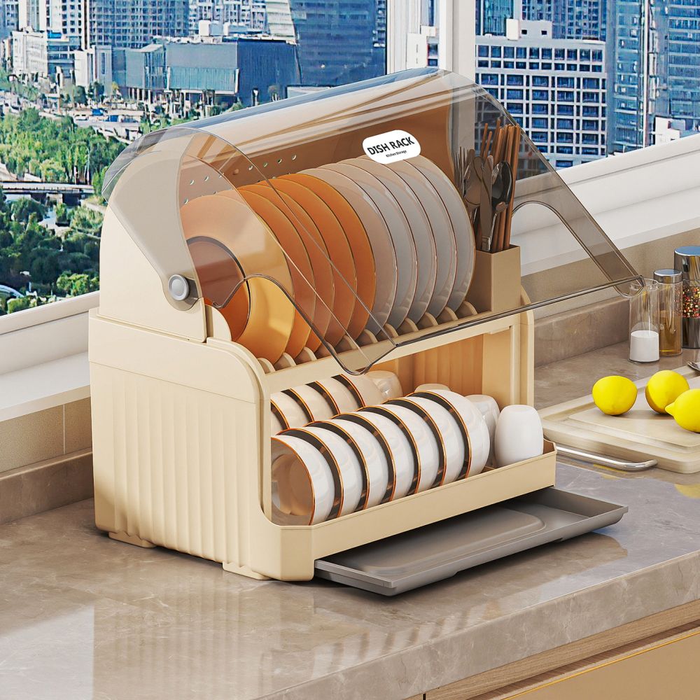 Cross-border kitchen cabinet flip cover dust-proof plastic storage rack household draining shelves bowl and chopstick kitchen utensil storage box