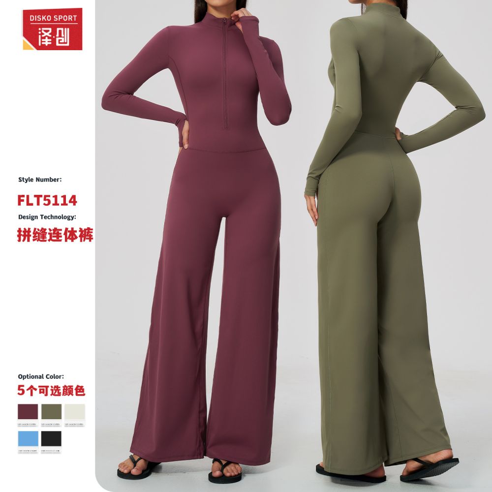 Damen Reißverschluss-Yoga-Overall, langarm, mit weitem Bein