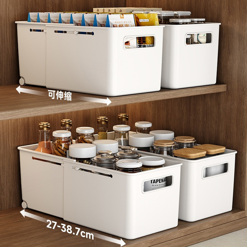 Expandable cabinet storage box with wheels, drawer dividers - 1