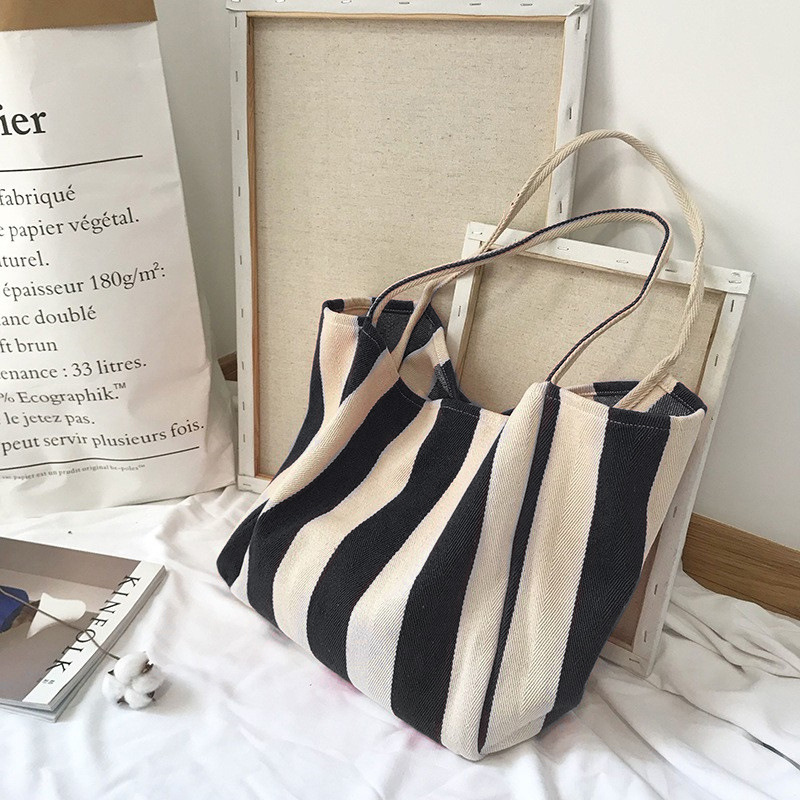 Damenhandtasche aus Leinen mit Streifenmuster, Einschulter-Tragegriff, große Kapazität, Canvas-Tasche in schlichtem und frischem Stil, elegant und vielseitig. - 1