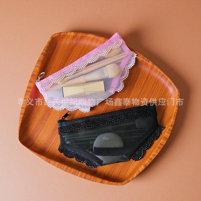 Pink Triangle Mesh Pencil Case Transparent Portable Compact Student Storage Bag INS Style Korean Trendy Fun Bag Korean Style