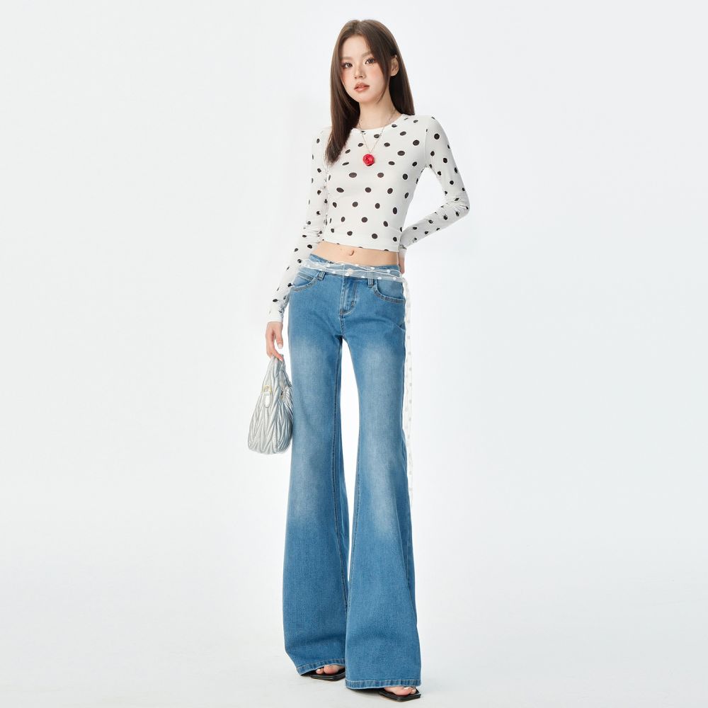 Fleece-lined white low-rise round-pocket design flared jeans for women, new spring/summer style, slim fit, stretch, straight-leg flare pants